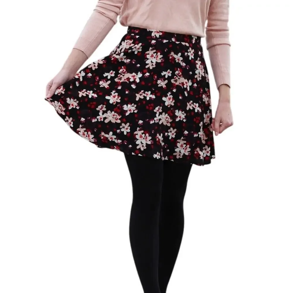 Amour Vert (M) Leeron Silk Floral Mini Skirt - Flowy Zip Closure Thin Waistband